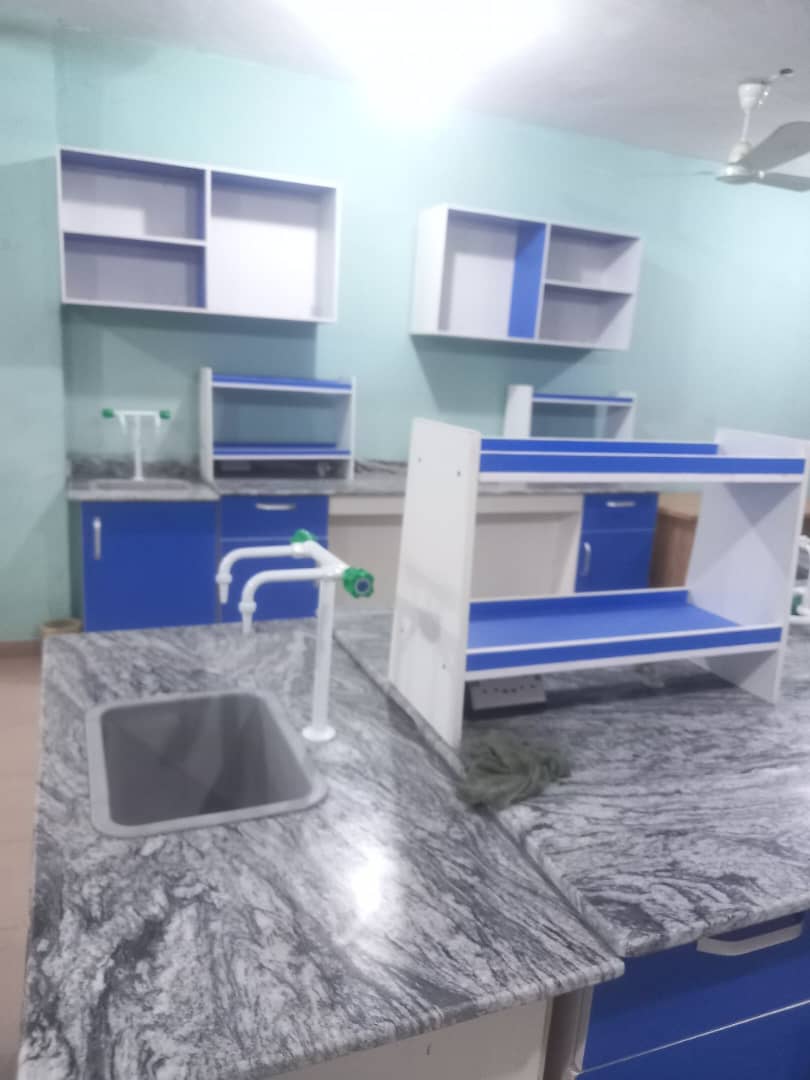 Blue laboratory island benches